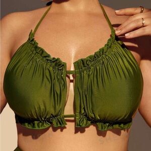 Plus Frilled Tie Halter Bikini Top Green